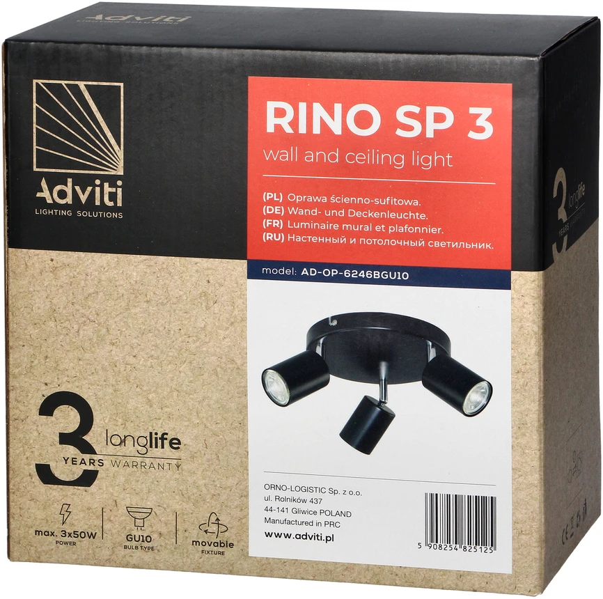 Orno RINO sieninis ir lubinis šviestuvas, maks. galia 3x50W, GU10, IP20, juodas