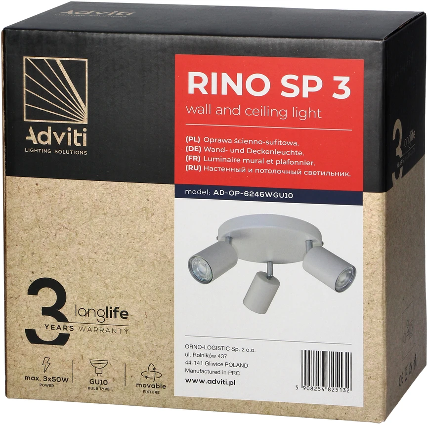 Orno RINO sieninis-lubinis šviestuvas, maks. galia 3x50W, GU10, IP20, baltas
