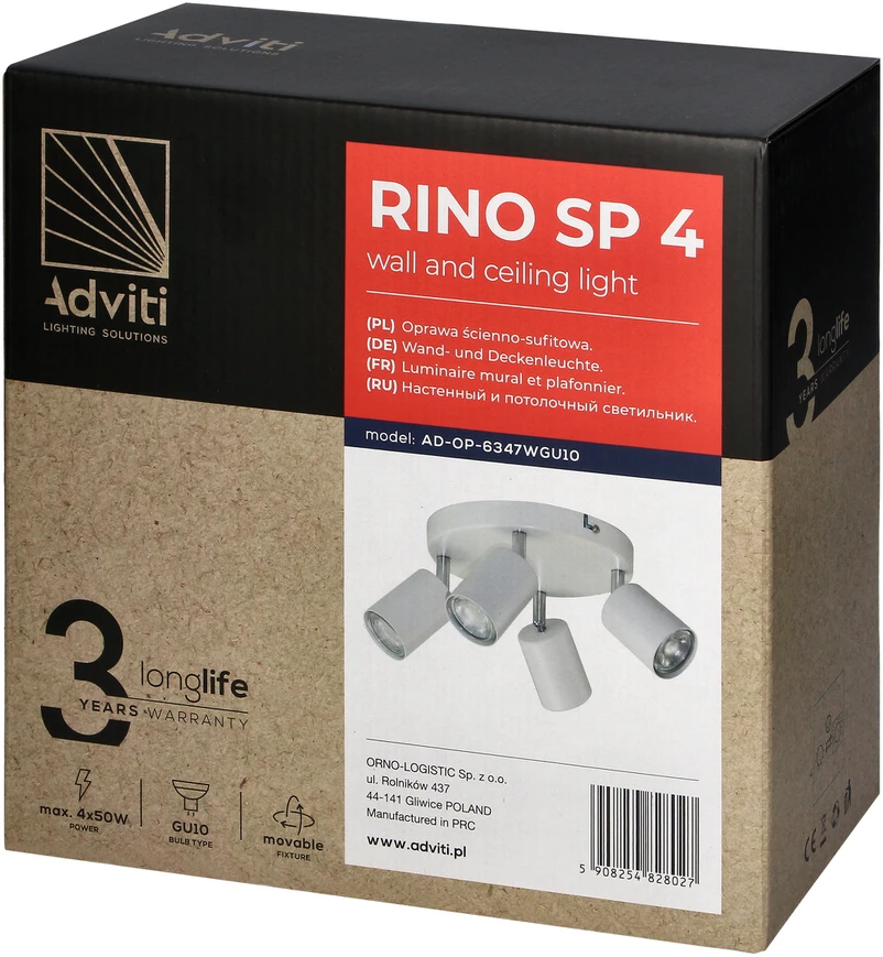 Orno Rino SP 4, sieninis-lubinis šviestuvas, GU10, maks. 4x50W, IP20, baltas