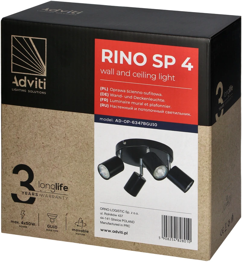 Orno Rino SP 4, sieninis-lubinis šviestuvas, GU10, maks. 4x50W, IP20, juodas