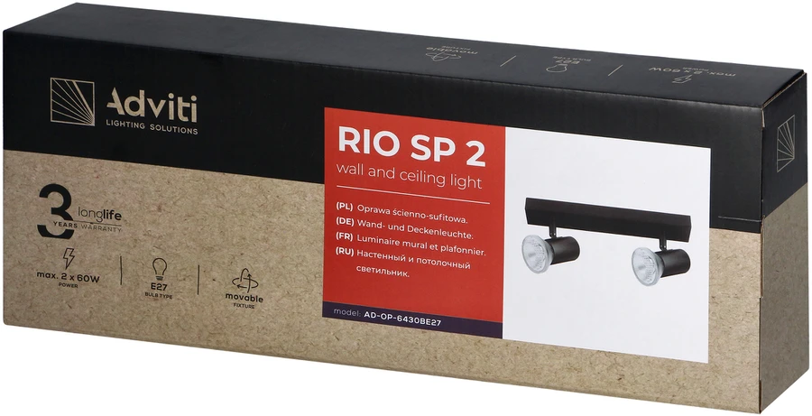 Orno RIO SP 2, sieninis-lubinis šviestuvas, E27, max. 2x60W, IP20, juodas