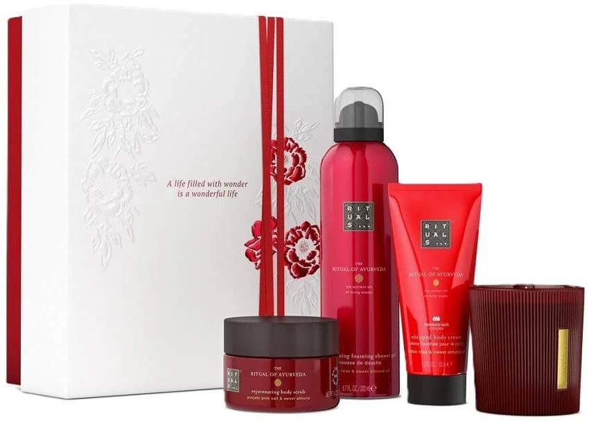 Dovanų rinkinys Rituals The Ritual of Ayurveda (125 g kūno šveitiklis + 100 ml kremas + 200 ml putojanti dušo želė + 140 g žvakė)
