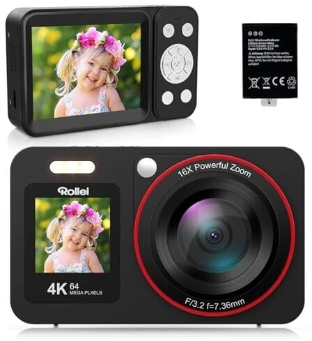 „Rollei“ – „Compactline“ dviejų ekranų skaitmeninė kamera – 64 MP – 4K