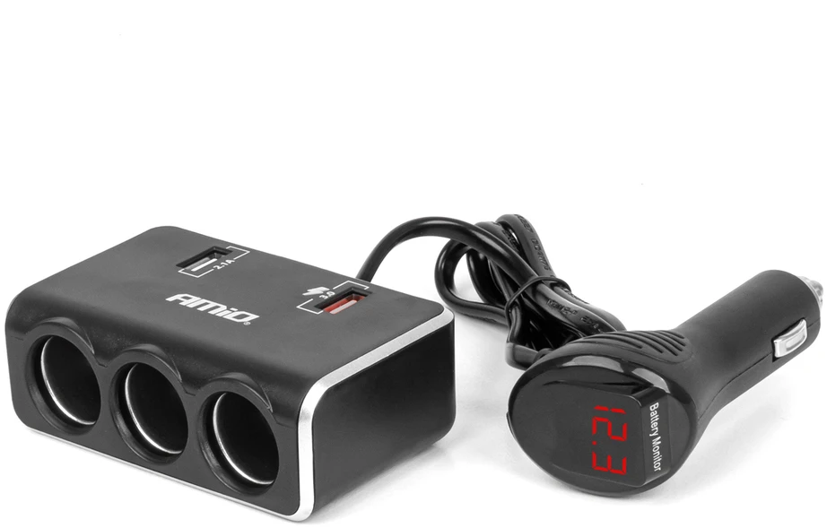 Trijų lizdų prailgintojas su įkrovikliu ir skaitmeniniu ekranu 2x USB-A QC 3.0 12/24V 120W 80 cm AMIO-04364