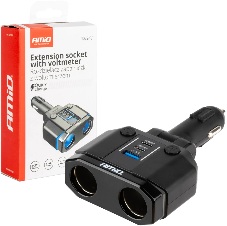 Dvigubas automobilio maitinimo lizdas PD30W PD20W QC3.0 12/24V, max 200W, AMIO-04174