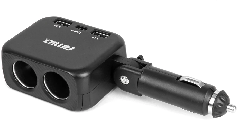 Dviejų lizdų cigarečių uždegiklio prailgintojas su įkrovikliu 2×USB-A + USB-C 12/24V 100W 180° AMIO-04357