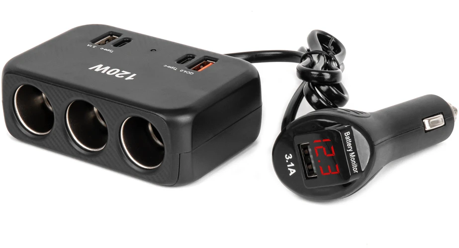 Trijų lizdų prailgintojas su įkrovikliu ir skaitmeniniu ekranu 2x USB-A + 1x USB-C QC 4.0 12/24V 120W 80 cm AMIO-04366
