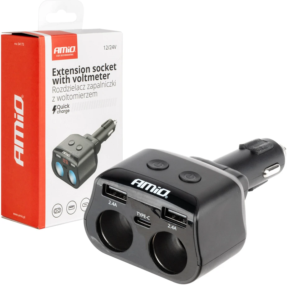 Dvigubas automobilio maitinimo lizdas 2x USB + 1x USB-C 12/24V, max 200W, AMIO-04173