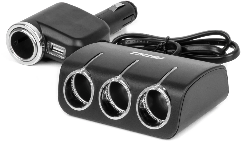 Trijų lizdų prailgintojas su įkrovikliu 1x USB-A + 1x cigarečių uždegiklis 12/24V 120W 80 cm AMIO-04360
