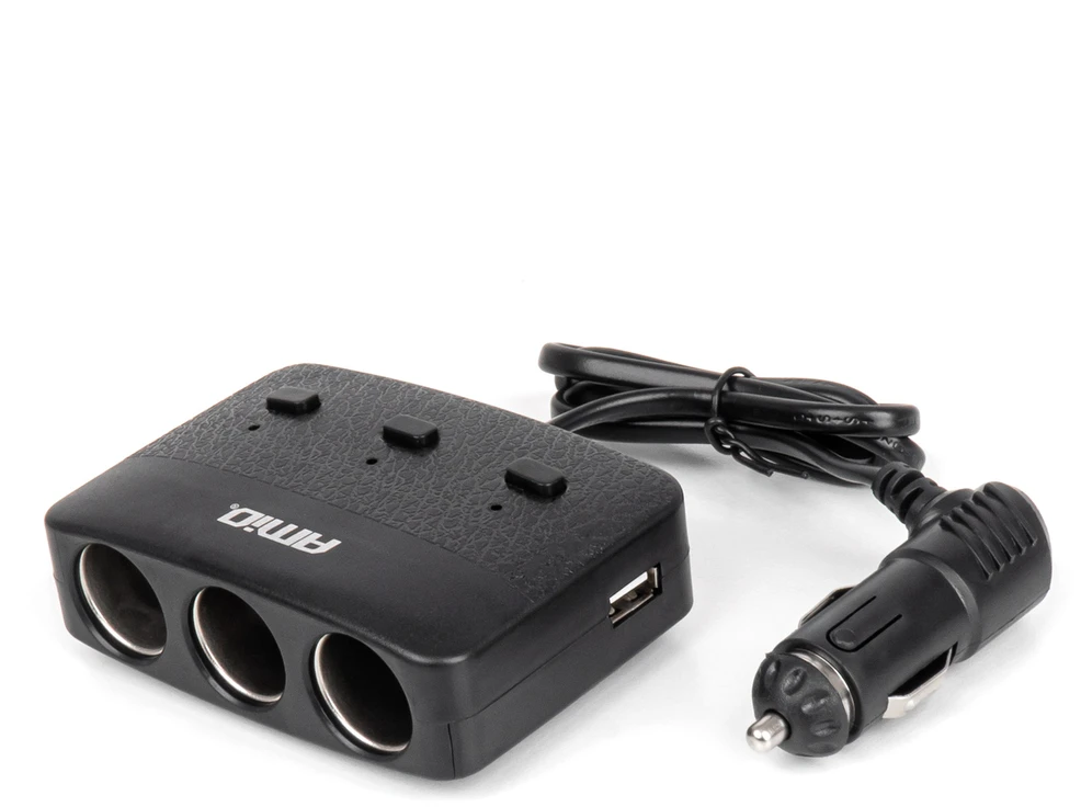 Trijų lizdų prailgintojas su įkrovikliu, ON/OFF mygtuku ir LED indikatoriumi 2x USB-A 12/24V 100W 70 cm AMIO-04363