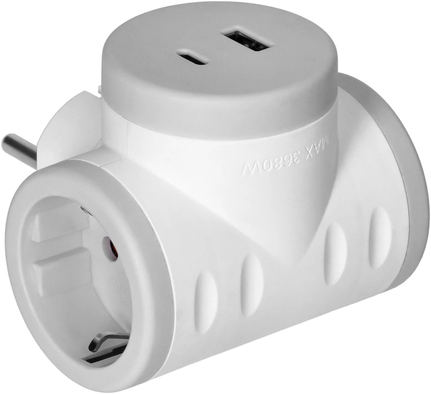 Orno Rozgałęźnik 2P+Z (Schuko) skirstytuvas su 2xUSB įkrovikliu, greitas įkrovimas, baltai pilkas