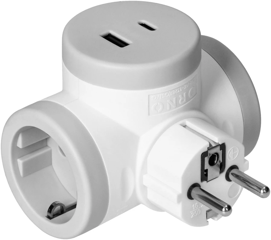 Orno Rozgałęźnik 2P+Z (Schuko) skirstytuvas su 2xUSB įkrovikliu, greitas įkrovimas, baltai pilkas