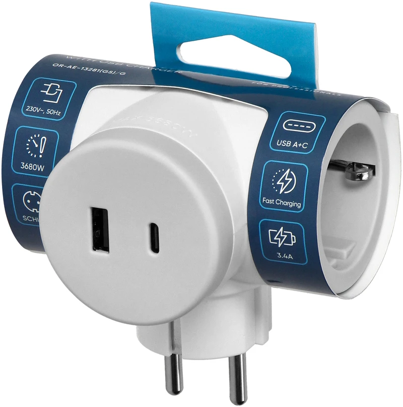Orno Rozgałęźnik 2P+Z (Schuko) skirstytuvas su 2xUSB įkrovikliu, greitas įkrovimas, baltai pilkas