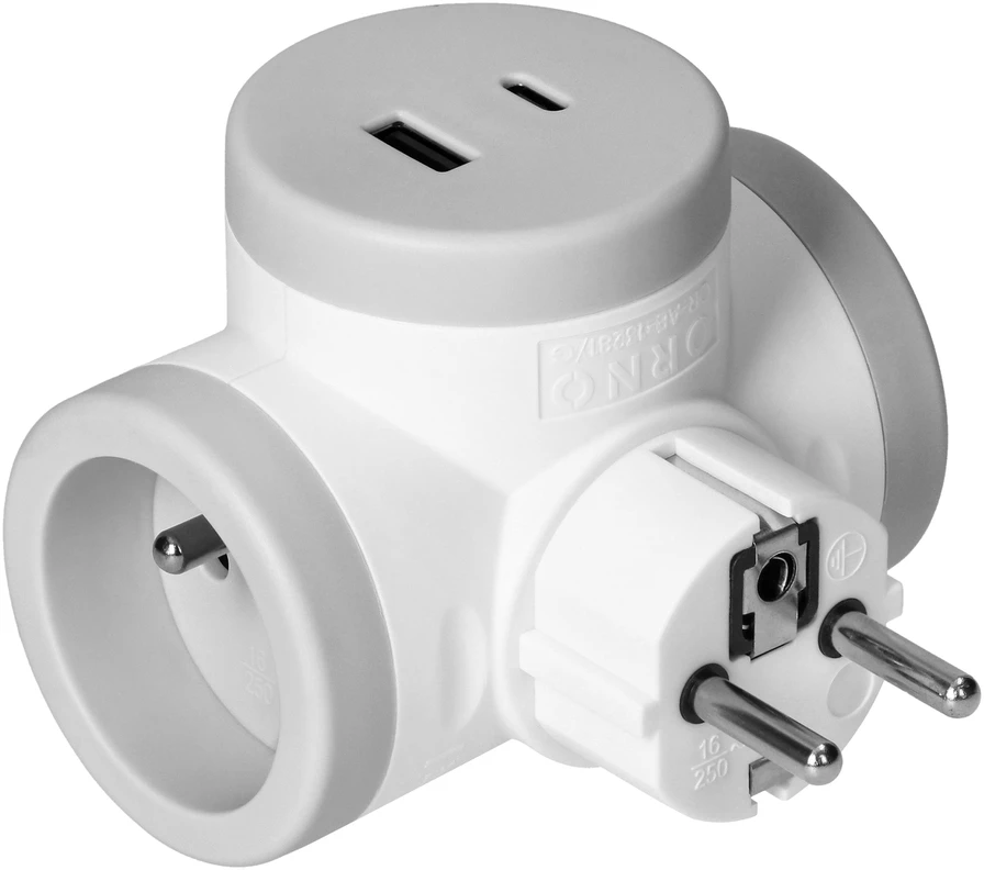 Orno Rozgałęźnik 2P+Z skirstytuvas su 2xUSB įkrovikliu, greito įkrovimo, baltas ir pilkas