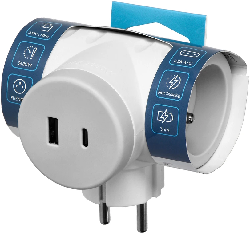 Orno Rozgałęźnik 2P+Z skirstytuvas su 2xUSB įkrovikliu, greito įkrovimo, baltas ir pilkas