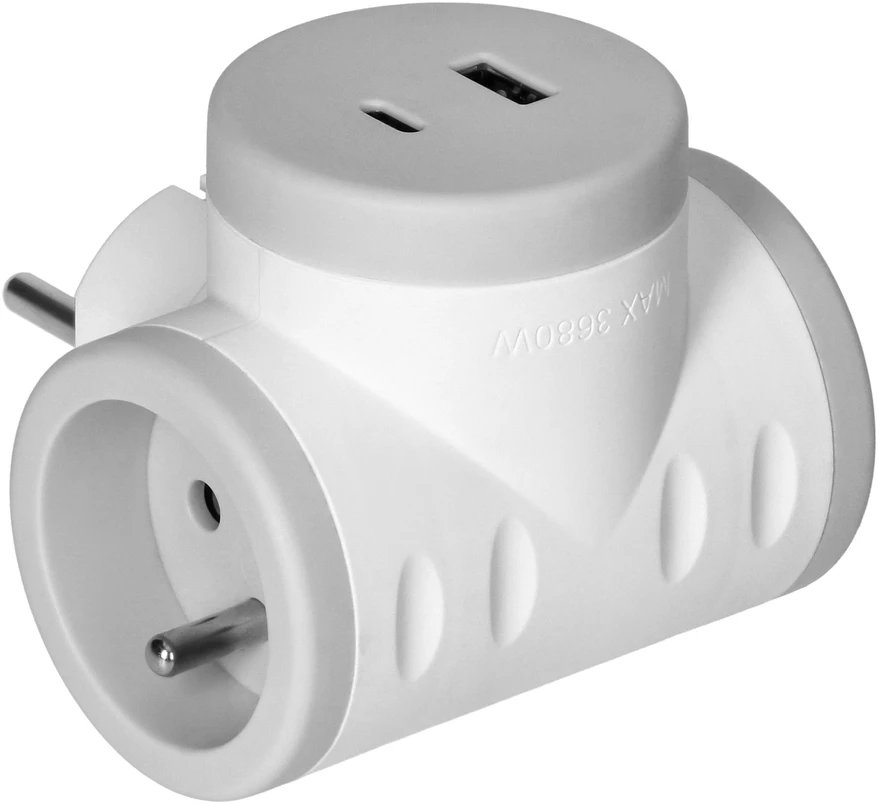 Orno Rozgałęźnik 2P+Z skirstytuvas su 2xUSB įkrovikliu, greito įkrovimo, baltas ir pilkas