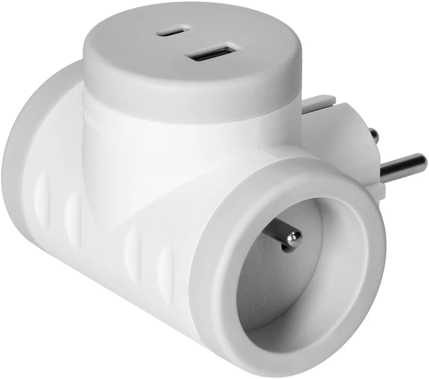 Orno Rozgałęźnik 2P+Z skirstytuvas su 2xUSB įkrovikliu, greito įkrovimo, baltas ir pilkas
