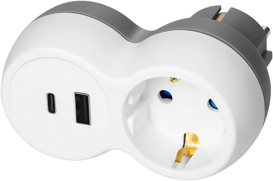 Orno Rozgałęźnik Skirstytuvas 2P+Z, USB-A+C, schuko, baltai pilkas