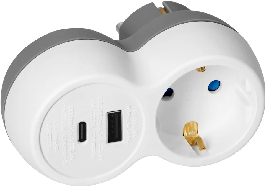 Orno Rozgałęźnik Skirstytuvas 2P+Z, USB-A+C, schuko, baltai pilkas