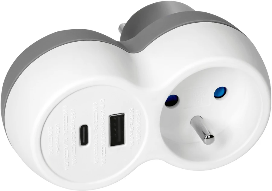 Orno Rozgałęźnik Skirstytuvas 2P+Z, USB-A+C, baltai pilkas