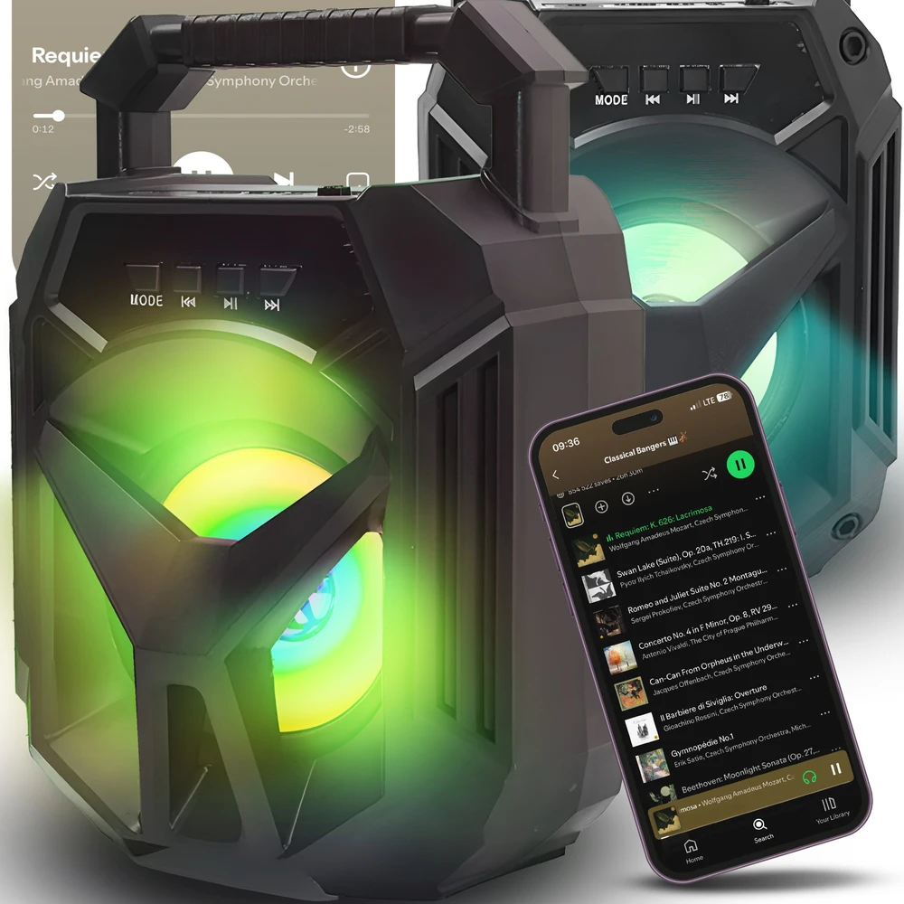 RTO Nešiojamas belaidis bluetooth garsiakalbis boombox rgb usb tf kortelė aux 400w