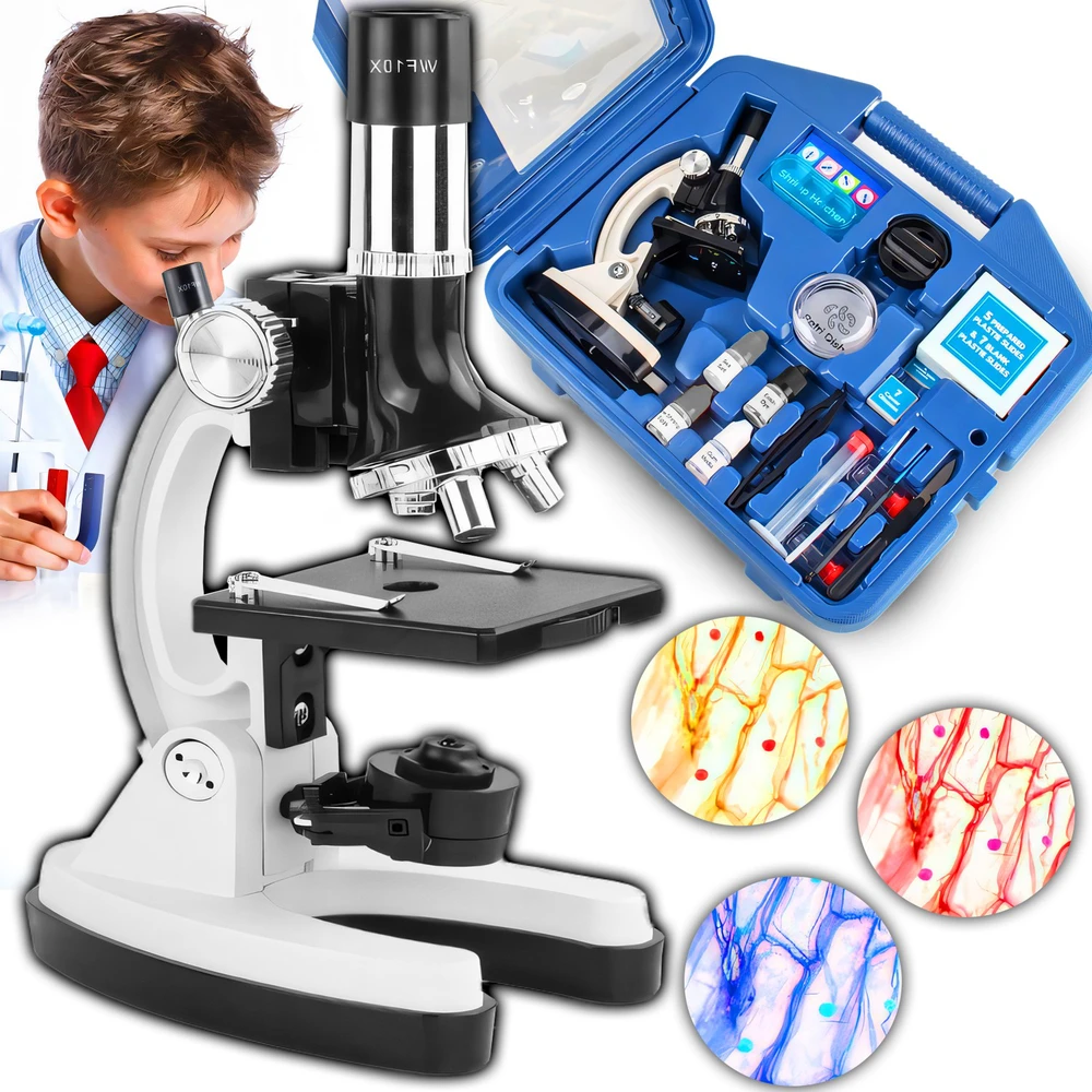 Opticon laboratorijos pradinis optinis mikroskopas - 1200x - 3 objektyvai + priedai - pilkas dėklas