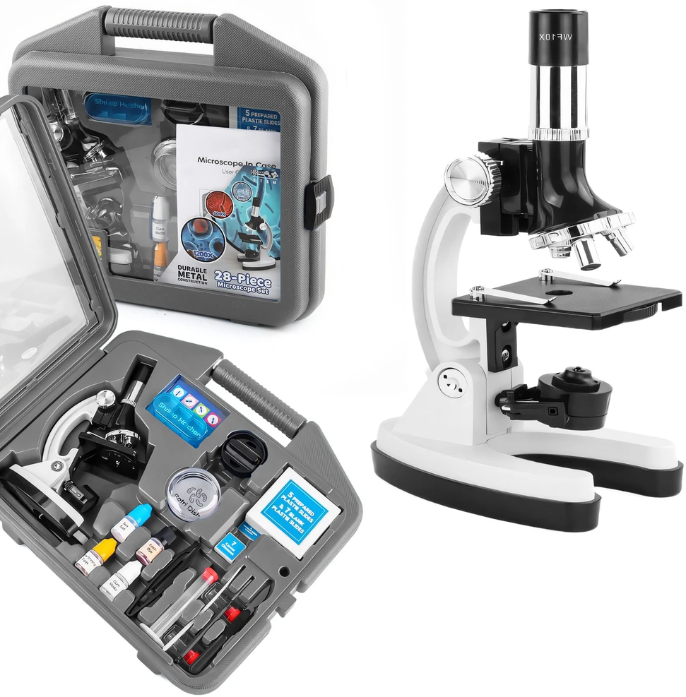 Opticon laboratorijos pradinis optinis mikroskopas - 1200x - 3 objektyvai + priedai - pilkas dėklas