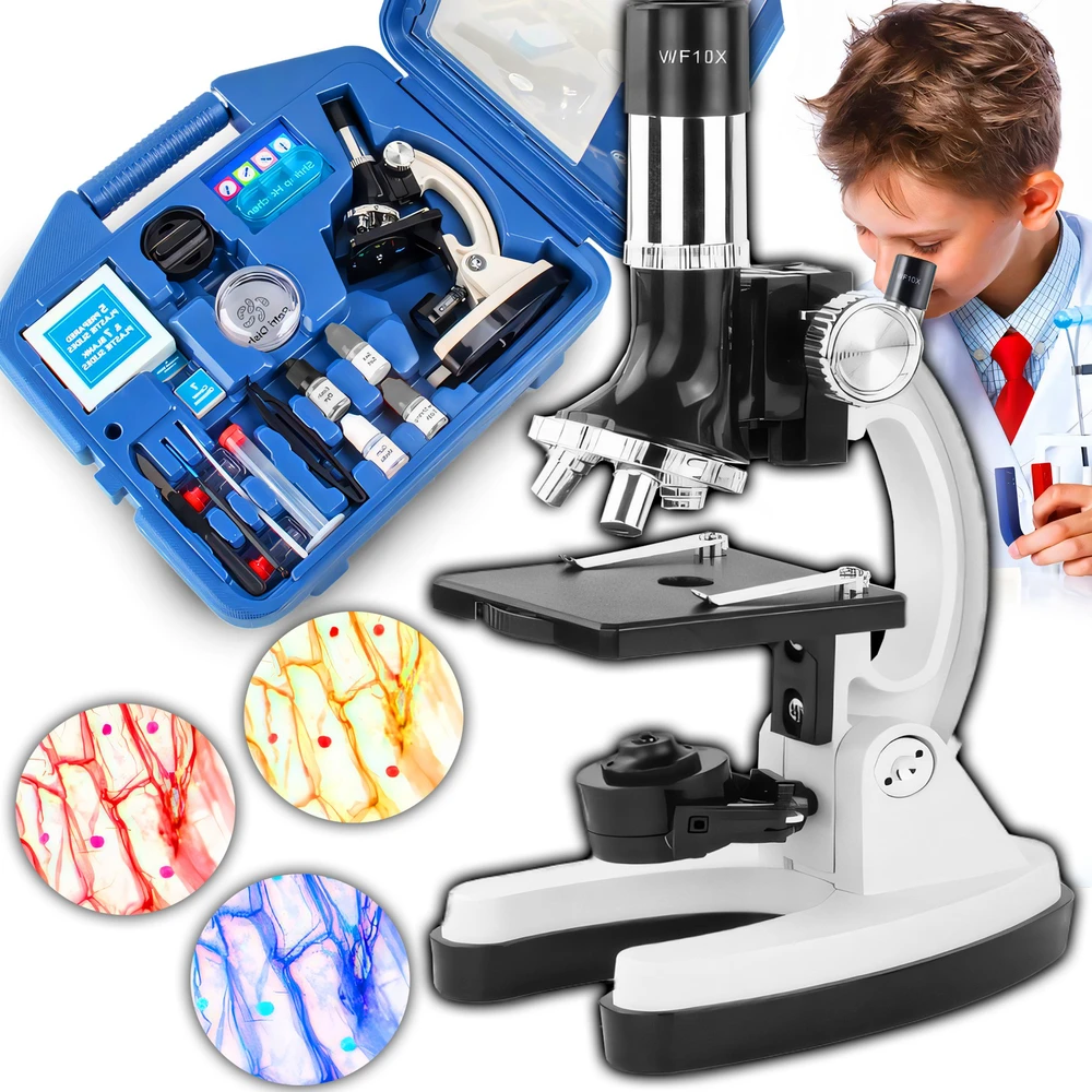 Opticon laboratorijos pradinis optinis mikroskopas - 1200x - 3 objektyvai + priedai - pilkas dėklas