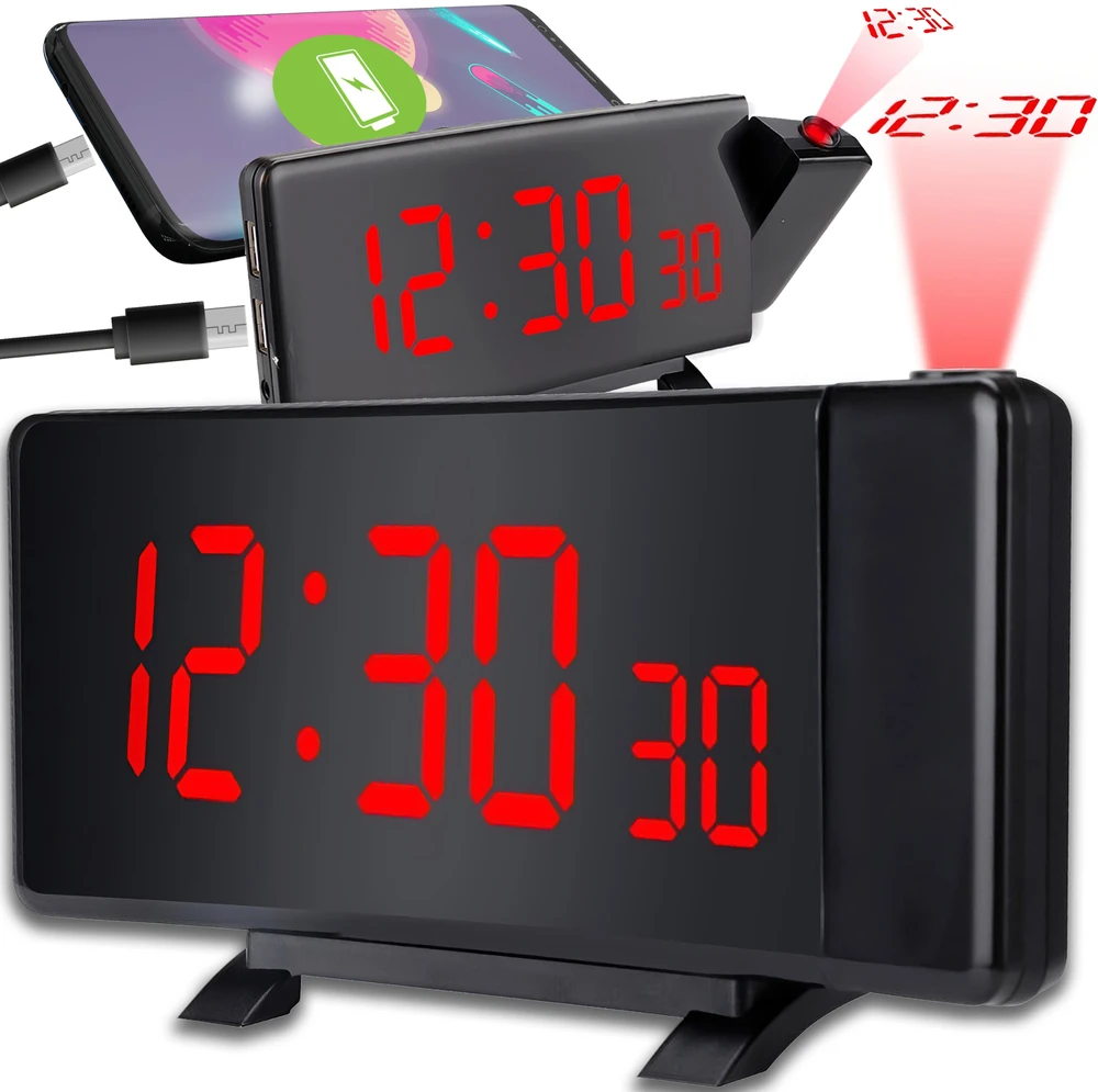 Retoo Radijo žadintuvas Žadintuvas-radijas su projektoriumi, juodos spalvos, garsus žadintuvas su USB ir LED ekranu, XL dydžio