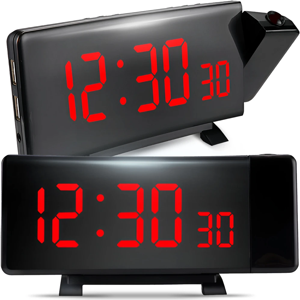 Retoo Radijo žadintuvas Žadintuvas-radijas su projektoriumi, juodos spalvos, garsus žadintuvas su USB ir LED ekranu, XL dydžio