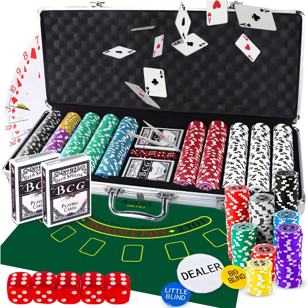 Zestaw Rinkinys Pokerio rinkinys, 500 žetonų, dėžutė, Teksaso kortos, kauliukai, dideli pokerio žetonai - dr294