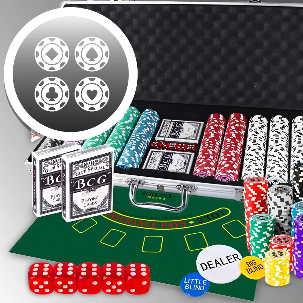 Zestaw Rinkinys Pokerio rinkinys, 500 žetonų, dėžutė, Teksaso kortos, kauliukai, dideli pokerio žetonai - dr294