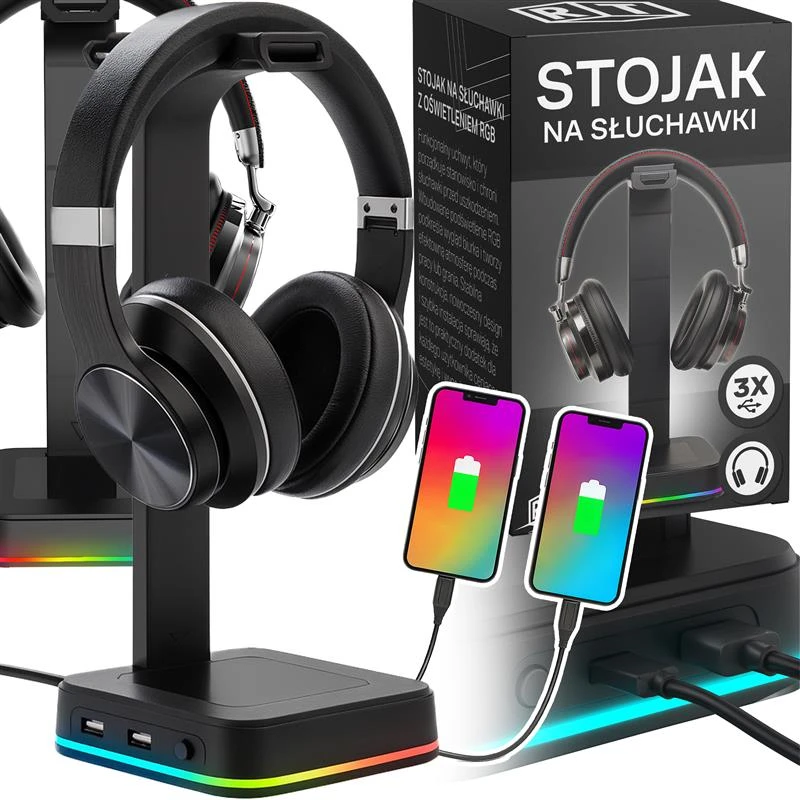 Stojak Ausinių laikiklis su stovas RGB apšvietimui ir USB šakotuvu