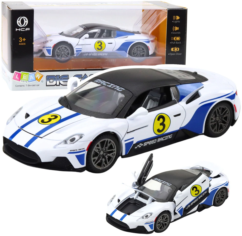 Lean Toys Metalinis sportinis automobilis su šviesomis, garsais, 1:22, baltas