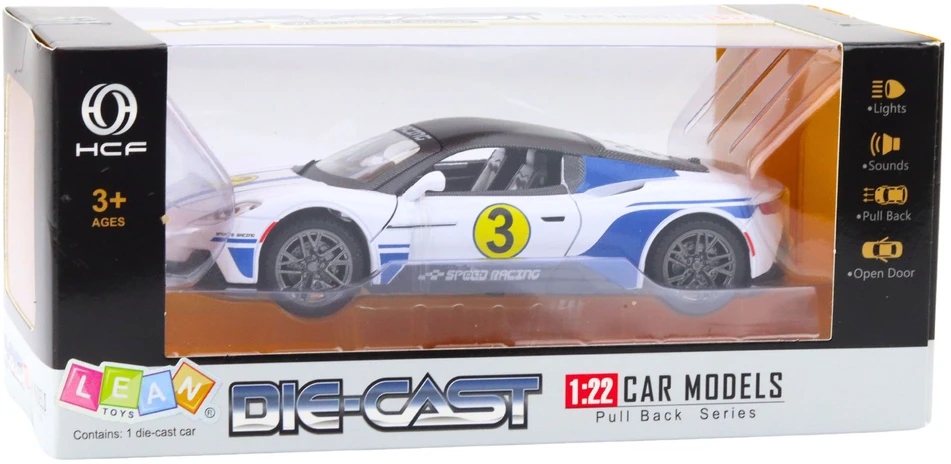 Lean Toys Metalinis sportinis automobilis su šviesomis, garsais, 1:22, baltas