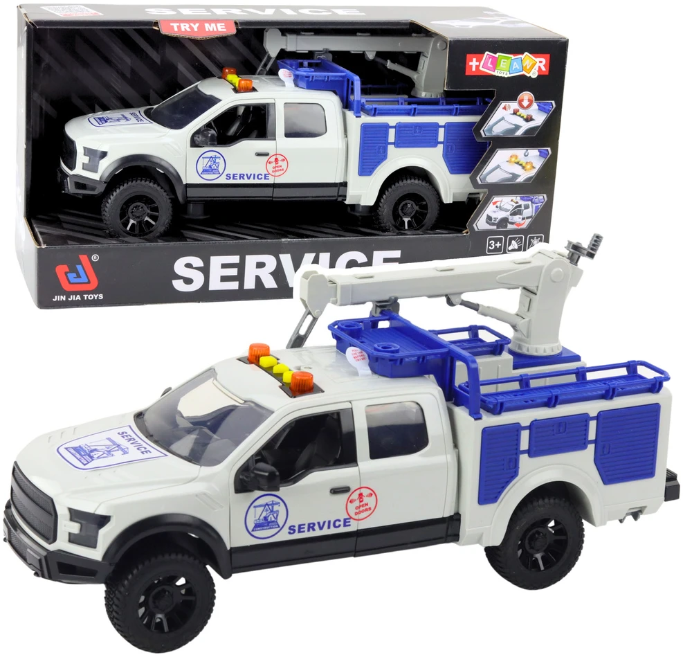 Lean Toys Baltas Serviso Automobilis su Kranu ir Šviesos Efektais
