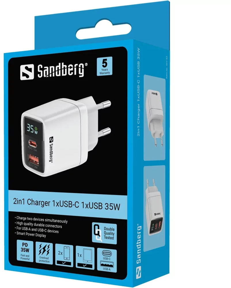 „Sandberg“ – 2in1 įkroviklis, 1xUSB-C, 1xUSB, 35W