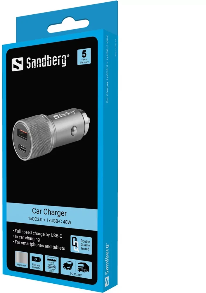 „Sandberg“ – automobilinis įkroviklis 1xQC3.0 + 1xUSBC 48W