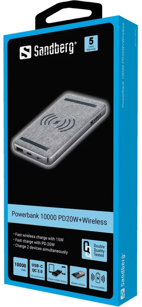 Belaidis įkroviklis Sandberg 10000 PD20W+, Pilkos spalvos