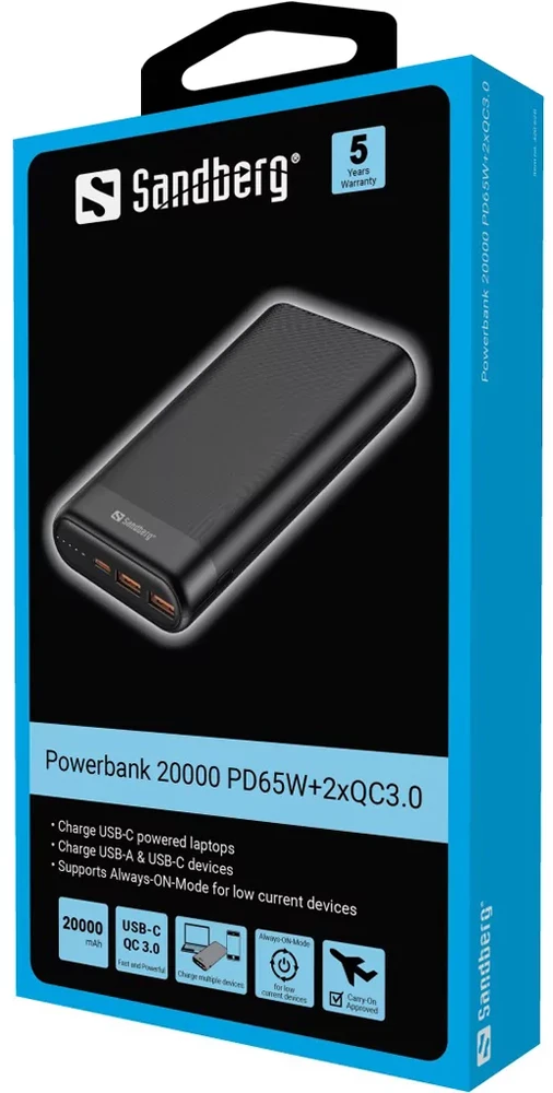 Sandberg - išorinė baterija 20000 PD65W + 2xQC3.0