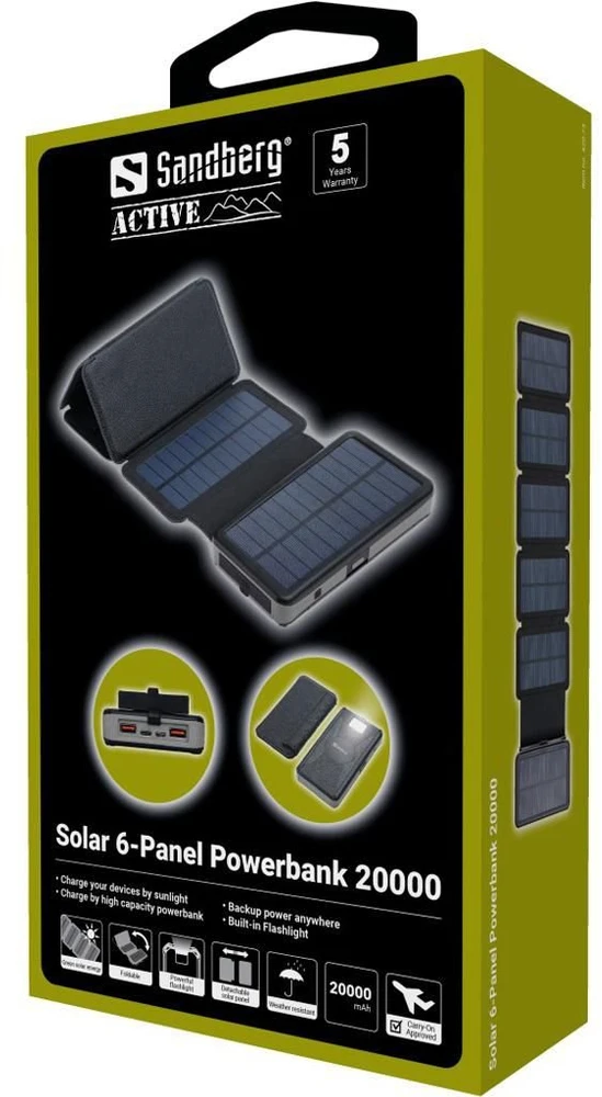 „Sandberg“ – saulės energija varoma 6 panelių išorinė baterija, 20000 mAh