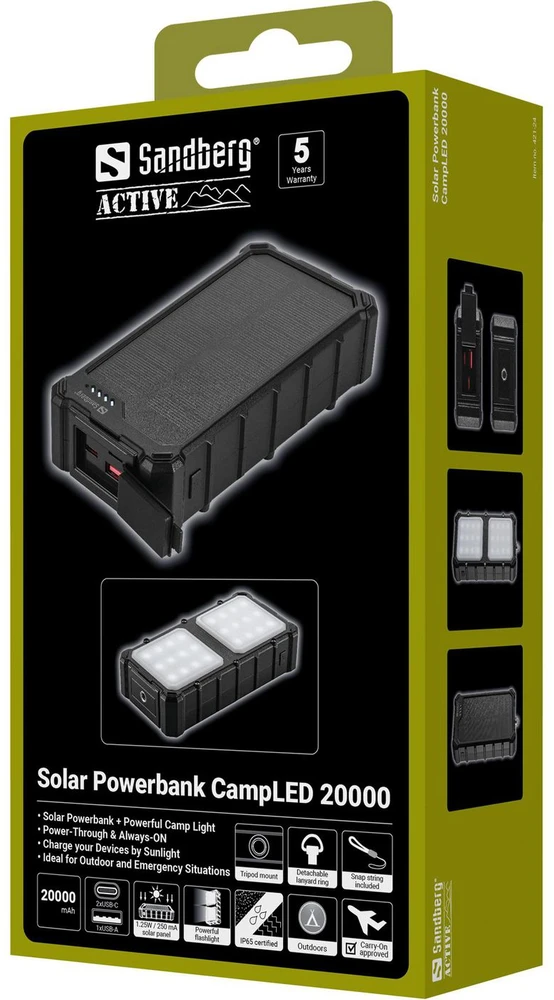 Sandberg Saulės energija įkraunamas powerbankas su stovyklavimo žibintu, 20000 mAh