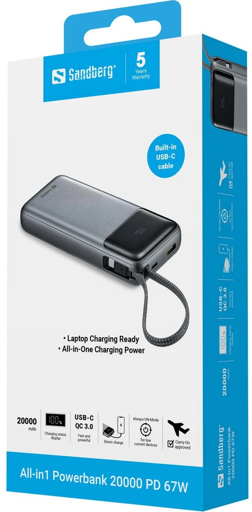 Sandberg 20000 mAh powerbankas su integruotu USB-C laidu, PD 67 W