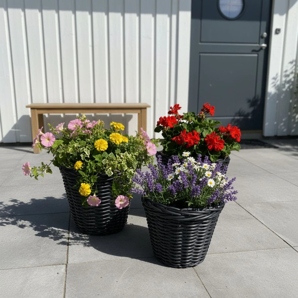 Scandinavian Collection - Rotango augalų krepšeliai - juodi - 3 vnt. rinkinys (didelis: skersmuo 32 cm x aukštis 29 cm, vidutinis: skersmuo 28 cm x aukštis 24 cm, mažas: skersmuo 24 cm x aukštis 19 cm)