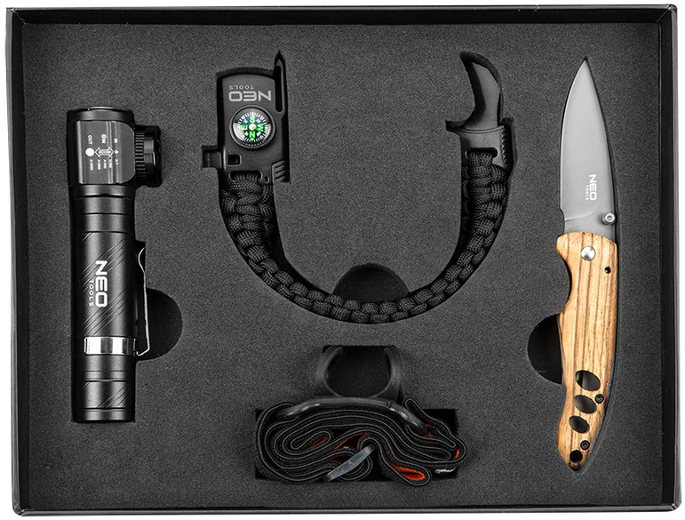 Neo Tools Set 3 elementų rinkinys (priekinis žibintas 99-026, 5 viename išgyvenimo apyrankė 63-140, sulankstomas peilis)