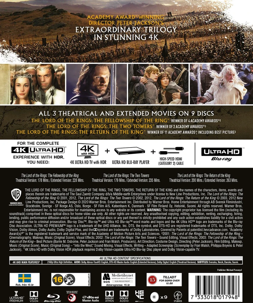 Sf Studios „Žiedų valdovo“ trilogija – 4K kolekcija, išplėstinė ir kino teatrui pritaikyta „Ultra HD“ versija – (9 diskų rinkinys) – (nepriklausomai nuo regiono)