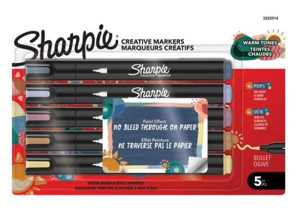 „Sharpie“ – „Creative Acrylic“ 5 lizdinės plokštelės – šilti atspalviai – apvalus galiukas (2223314)