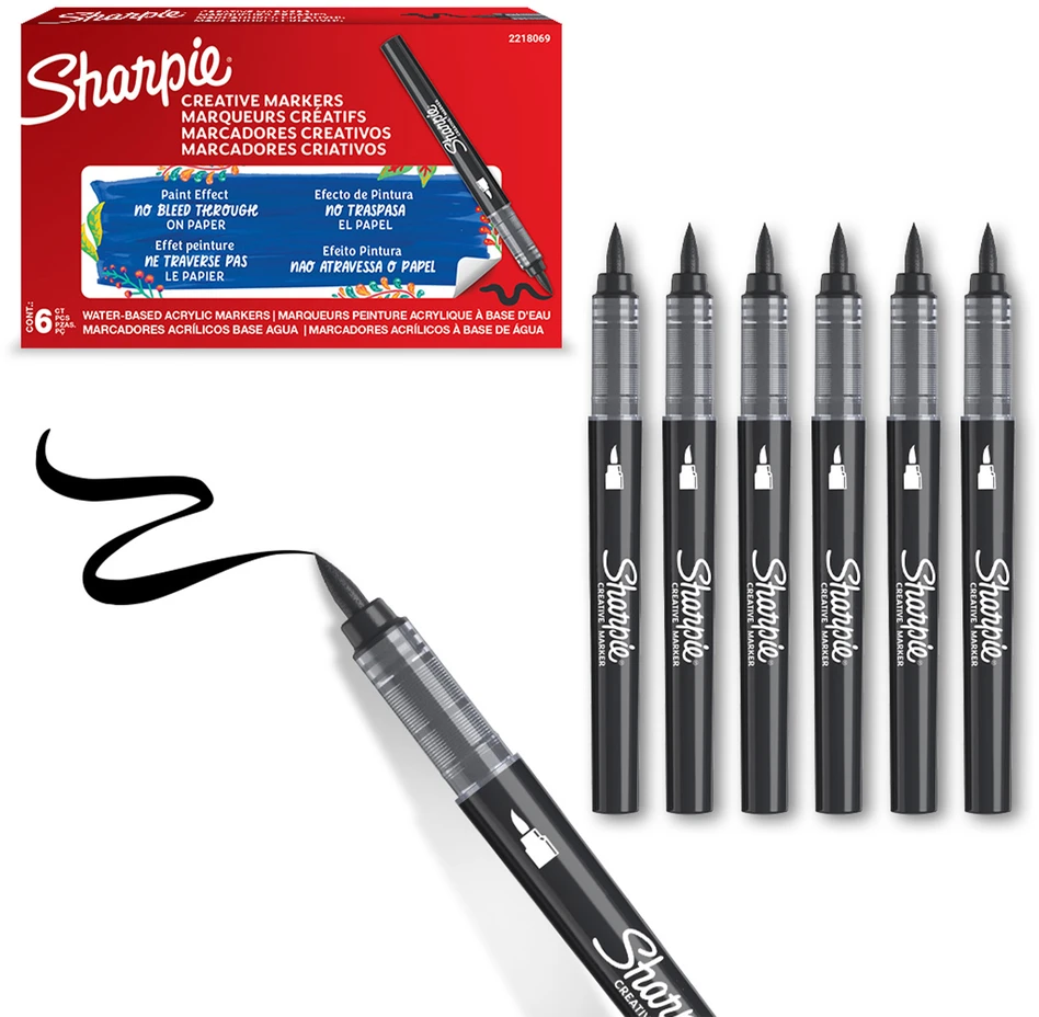 „Sharpie“ – kūrybiniai žymekliai, akriliniai dažų rašikliai – teptuko galiukais, vandens pagrindo dažų žymekliai – juodi – 6 vnt. (2218069)