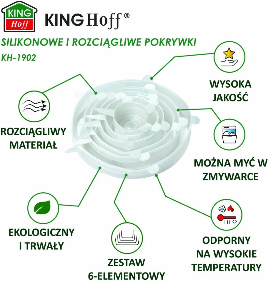 Kaitlentė Silikonowe Silikoniniai tamprūs dangteliai, 6 vnt. rinkinys, skersmuo 6,5–21 cm, kinghoff, kh-1902