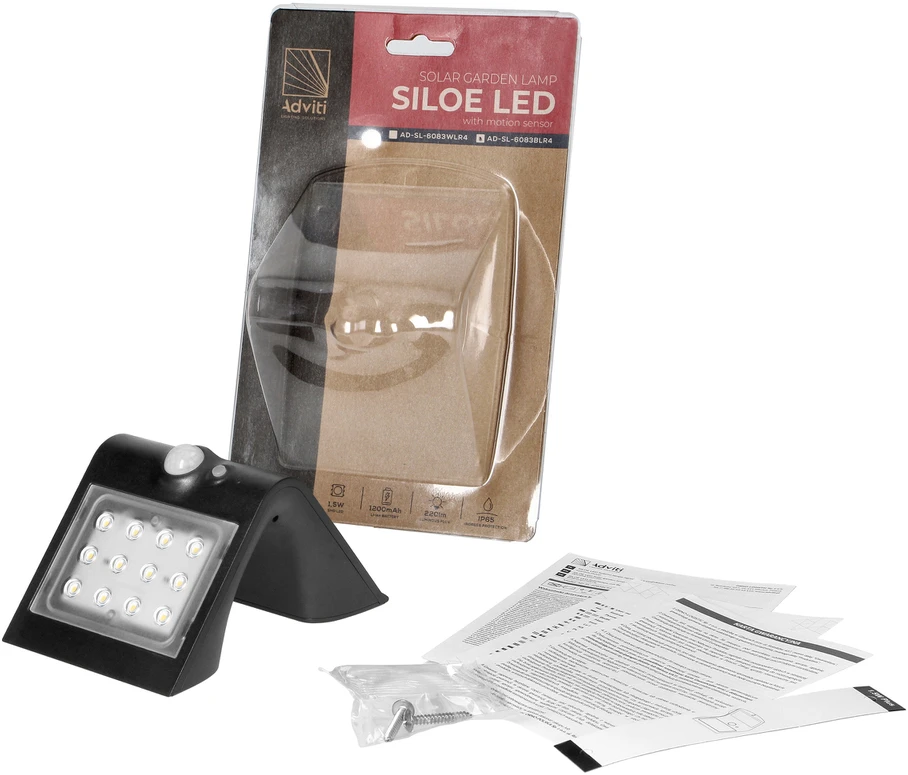 Sieninis šviestuvas Orno SILOE LED 1,5 W, saulės energija varomas šviestuvas su judesio jutikliu 120°, 190 lm, IP65, 4000 K, 1200 mAh, dvigubas šviesos šaltinis, juodas